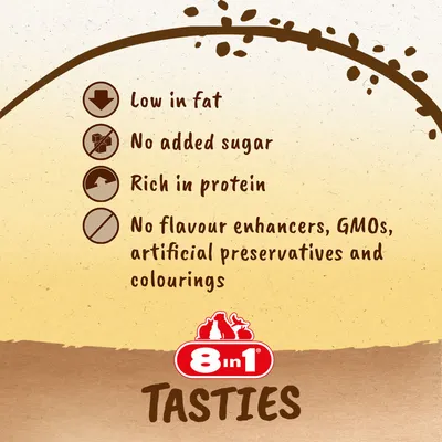 8in1 Tasties. Low in fat, no added sugar, rich in protein, no flavour enhancers, GMOs, artificial preservatives and colourings. Text v angličtine.