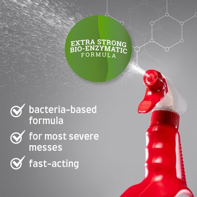 EXTRA STRONG BIO-ENZYMATIC FORMULA. Tick list: bacteria-based formula, for most severe messes, fast-acting. Text in English.