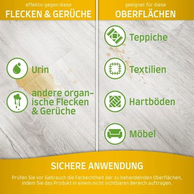 Effektiv gegen Flecken und Gerüche wie Urin, organische Flecken. Geeignet für Teppiche, Textilien, Hartböden, Möbel. Hinweis: Farbtest vor Anwendung auf nicht sichtbarem Bereich durchführen.