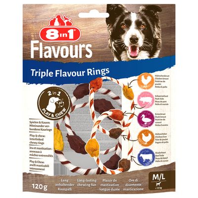 8 in 1 Flavours Triple Flavour Rings, interlinked chewy rings with chicken breast, pork hide, duck breast, chicken liver and beef hide. Long-lasting chewing fun. 120g. For M/L size.