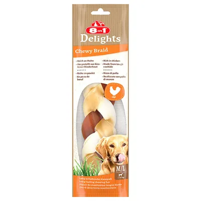 Chewy Braid treat, rich in chicken, made from tough rawhide. Suitable for medium to large pets over 10kg. Long-lasting chewing fun. Packaging shows product and key features.