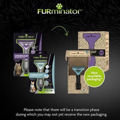 Image showing Furminator undercoat deShedding tool changing from old to new recyclable packaging, with a note about a transition phase where either packaging may be received.