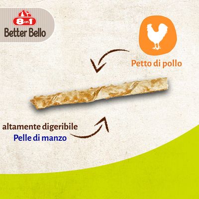 8in1 Better Bello. Snack con petto di pollo, altamente digeribile, pelle di manzo. Testo e frecce che indicano gli ingredienti visibili.