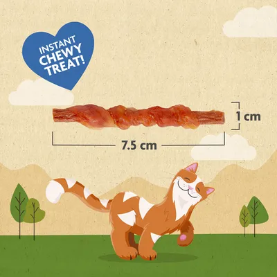 Snack mastigável com 7,5 cm de comprimento e 1 cm de largura. Texto visível: 'INSTANT CHEWY TREAT!'. Ilustração de gato sorridente no fundo.
