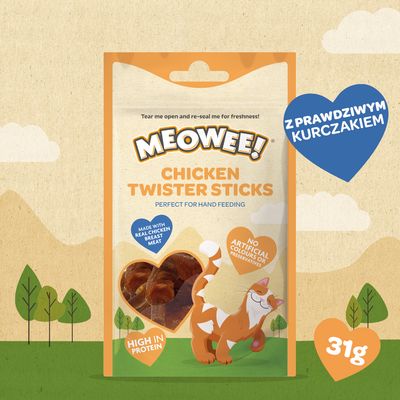 Meowee! Chicken Twister Sticks, wykonane z piersi kurczaka, idealne do karmienia z ręki. Bez sztucznych barwników i konserwantów, wysoka zawartość białka.