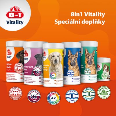 8in1 Vitality doplňky stravy pro psy: vápník, pivovarské kvasnice, multivitamin, péče o klouby, prémiová péče o klouby, podpora chování. Různé druhy a oblasti péče viditelné.