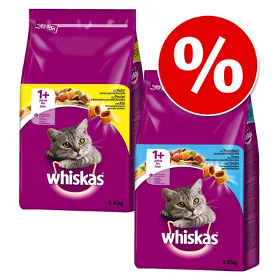 Whiskas hrană uscată pentru pisici de la 1 an, sortimente pui și ton, pachete de 3,8 kg cu simbol de reducere.