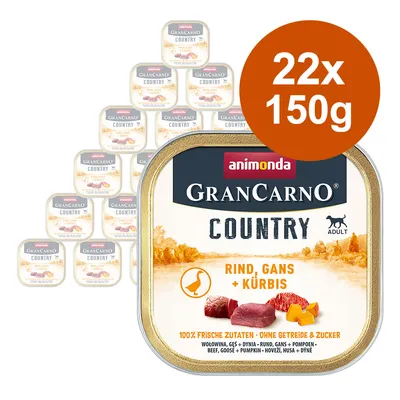 Animonda GranCarno Country Adult, vacuno, ganso y calabaza, 22x150g. 100% ingredientes frescos, sin cereales ni azúcar.
