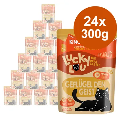 Lucky Lou Geflügel den Geist, Katzenfutter für Erwachsene, 24x300g, 96% Fleischanteil, getreidefrei, ohne Zuckerzusatz, Made in Germany.