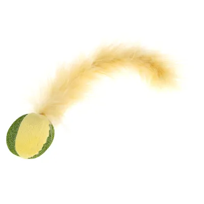 Juguete con pelota de tenis amarilla y cola peluda, apto para juego interactivo.