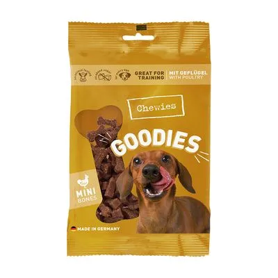 Chewies GOODIES Mini Bones hondensnack, great for training, mit Geflügel/with poultry, zichtbare bruine snacks in botvorm, afbeelding van een hond, made in Germany.
