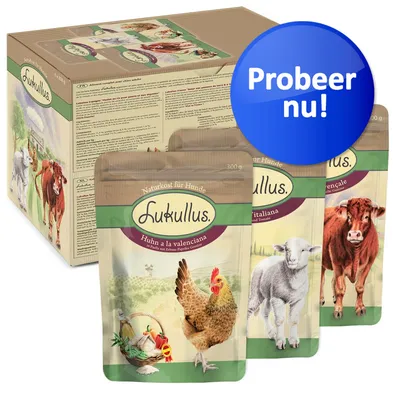 Lukullus natvoer voor honden, varianten: Huhn à la valenciana, Italiaiana, Provençale. Verpakking met kip, lam en rund zichtbaar. Blauw label: Probeer nu!