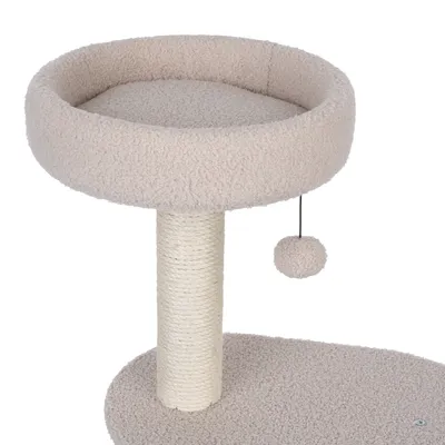 Arbre à chat beige avec griffoir en sisal, plateforme ronde rembourrée et balle suspendue en tissu bouclé.