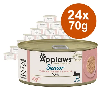 Lot de 24 boîtes Applaws Senior, filet de thon avec saumon en gelée, 70 g chacune, pour chats 7+ ans. Texte visible : Certified B Corporation, Made with natural ingredients.