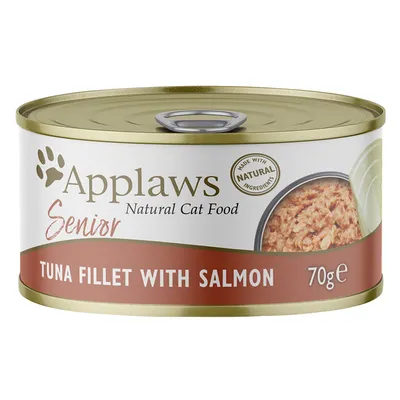 Applaws Senior Natural krmivo pro kočky, filet z tuňáka s lososem, 70g konzerva, vyrobeno z přírodních surovin.