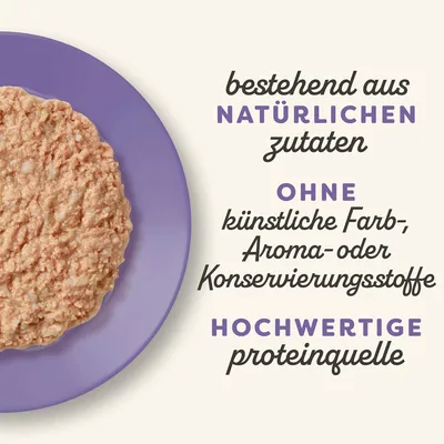 Texte en allemand : bestehend aus natürlichen zutaten, ohne künstliche Farb-, Aroma- oder Konservierungsstoffe, hochwertige proteinquelle
