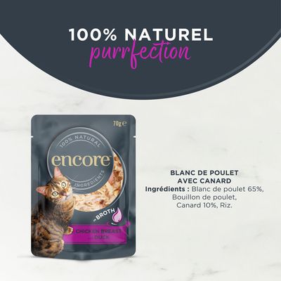 Sachet de 70 g Encore 100% natural ingredients, in broth, chicken breast with duck. Image d’un chat sur l’emballage. Texte en anglais uniquement.