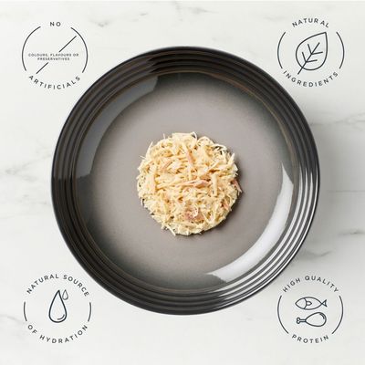 Encore Chicken Selection, 5 x 50g saquetas. 100% ingredientes naturais. Variedades: 2x peito de frango, 2x peito de frango com pato, 1x peito de frango com filete de atum em gelatina.