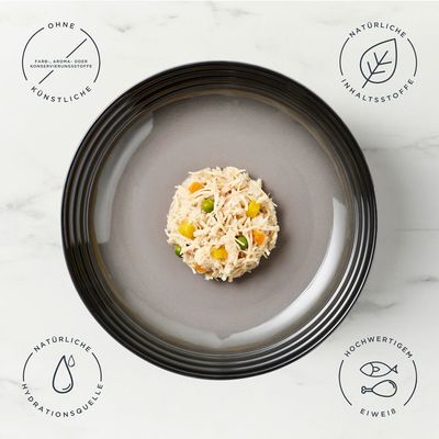 Encore Finest Selection, 5 x 100g Pouches. Sorten: Hähnchenbrust mit Gemüse, Hähnchenbrust mit Thunfisch und Gemüse, Hähnchenbrust mit Ente. Made with Natural Ingredients.