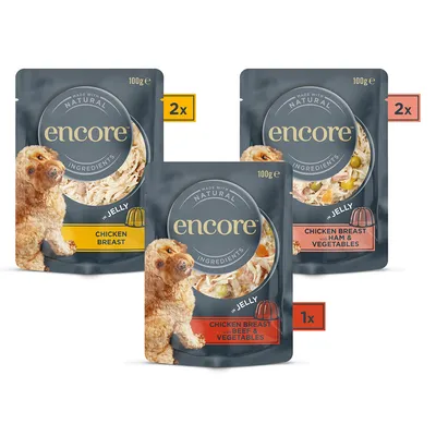 Encore vådfoder i gelé, varianter: Chicken Breast (2x), Chicken Breast med skinke og grøntsager (2x), Chicken Breast med oksekød og grøntsager (1x), 100g hver.