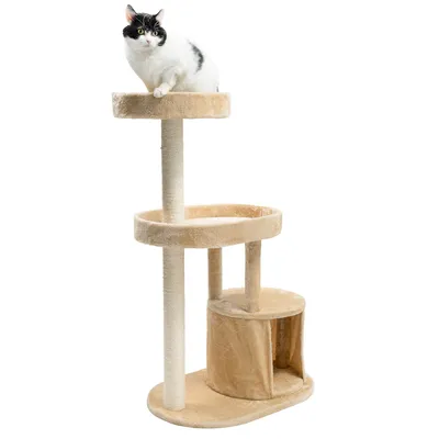 Cat tree with three levels, beige plush cover and cave. A black and white cat is sitting on top.