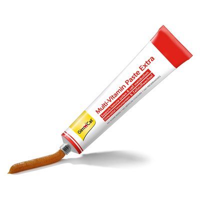GimCat Multi-Vitamin Paste Extra in tube, zichtbare bruine pasta. Tekst op verpakking: 'Supports immune system & cell metabolism'.