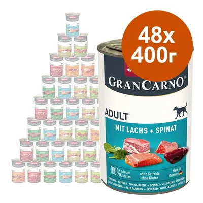 Комплект 48 консерви GranCarno Adult, всяка по 400 г. Етикет: MIT LACHS + SPINAT, 100% frische Zutaten, ohne Getreide ohne Gluten, Made in Germany. Комплект 48 консерви GranCarno Adult, всяка по 400 г. Етикет: MIT LACHS + SPINAT, 100% frische Zutaten, ohne Getreide ohne Gluten, Made in Germany.