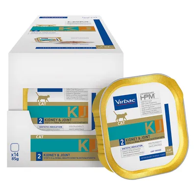 Virbac Veterinary HPM Cat KJ Kidney & Joint, boîte de 14 barquettes 85 g. Texte visible : STEP 2-3-4 Renal insufficiency & osteoarthritis, high palatability, support of renal function. Virbac Veterinary HPM Cat KJ Kidney & Joint, boîte de 14 barquettes 85 g. Texte visible : STEP 2-3-4 Renal insufficiency & osteoarthritis, high palatability, support of renal function.