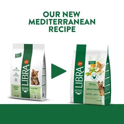 Libra Adult Mini Chicken dog food packaging change. Text: Our new Mediterranean recipe. Old and new bags shown with Affinity brand, 3kg, chicken, nutritional balance, adult mini. Libra Adult Mini Chicken dog food packaging change. Text: Our new Mediterranean recipe. Old and new bags shown with Affinity brand, 3kg, chicken, nutritional balance, adult mini.
