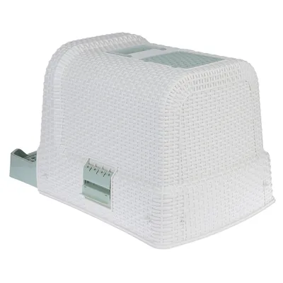 Caja de arena blanca para gatos con diseño de mimbre, filtro verde y cajón extraíble para fácil limpieza.