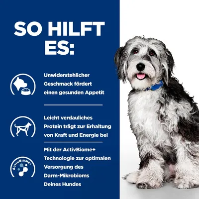 So hilft es: Unwiderstehlicher Geschmack fördert gesunden Appetit, leicht verdauliches Protein erhält Kraft und Energie, ActivBiome+ Technologie unterstützt Darm-Mikrobiom.