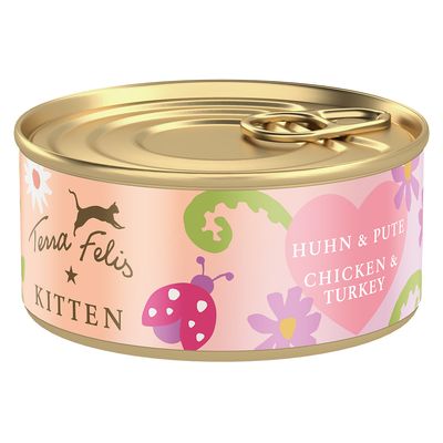 Terra Felis Kitten mokré krmivo, príchuť kuracie, 18 konzerv po 70 g. Balenie s kvetinovým a motýlím dizajnom.