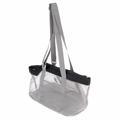 Borsa da trasporto in rete grigia con dettagli neri e spallacci regolabili. Adatta al trasporto.