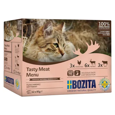 Bozita Tasty Meat Menu kattemad, 12 x 85 g. 3x kyllingelever, 6x rensdyr, 3x oksekød. Grain free recipe. 100 % animal protein. Made in Sweden. Chunks in jelly. Swedish natural ingredients.