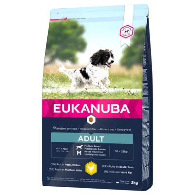 Eukanuba Adult sucha karma dla psów średnich ras, bogata w świeżego kurczaka, dla psów 1-7 lat i 10-25 kg. Wielkość opakowania: 3 kg.