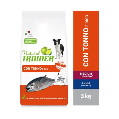 Natural Trainer pasja hrana s tuno in rižem, za odrasle pse srednje velikosti (11–30 kg), 3 kg. Vidno: con tonno e riso, adult (>12 mesi), made in Italy, prebiotiki naravni. Natural Trainer pasja hrana s tuno in rižem, za odrasle pse srednje velikosti (11–30 kg), 3 kg. Vidno: con tonno e riso, adult (>12 mesi), made in Italy, prebiotiki naravni.