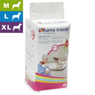 PUPPY TRAINER tapis d’apprentissage super absorbants, paquet de 50 pièces, taille medium 45 x 30 cm, SAVIC. Icônes tailles M, L, XL avec silhouettes de chiens visibles.