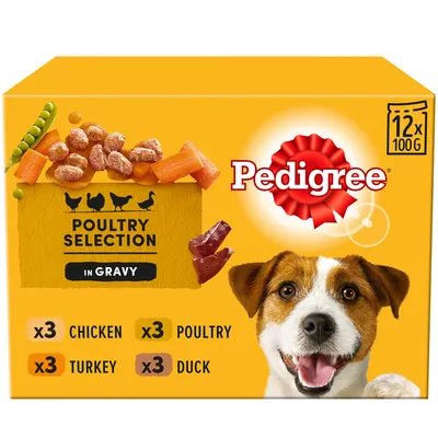 Poultry selection in gravy, 12 x 100g. Contains 3 chicken, 3 turkey, 3 poultry, and 3 duck pouches. Pedigree brand.