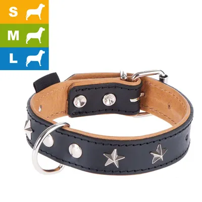 Collier pour chien en cuir noir avec rivets et étoiles métalliques, boucle argentée. Icônes tailles S, M, L indiquées en haut à gauche.