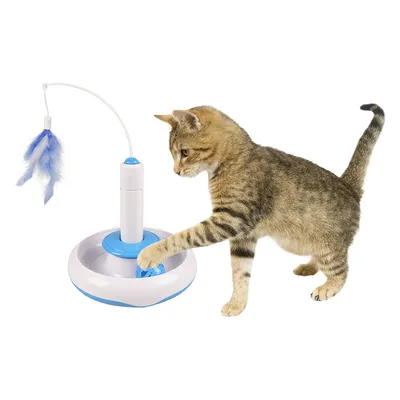 Chat tigré jouant avec un jouet interactif pour chat, composé d'une base ronde blanche et bleue, d'une balle et d'une tige avec plumes bleues.