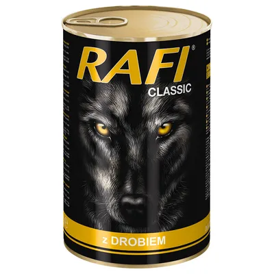RAFI Classic conservă umedă cu motiv de lup, cu carne de pasăre. Ambalaj negru cu accente aurii și text galben.