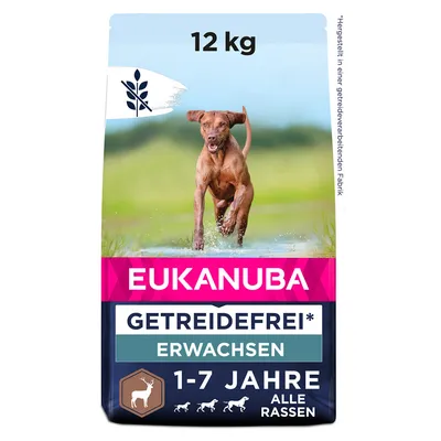 Eukanuba Graanvrij, 12 kg, voor volwassen honden van 1-7 jaar, alle rassen. Gemaakt in een fabriek waar granen worden verwerkt.
