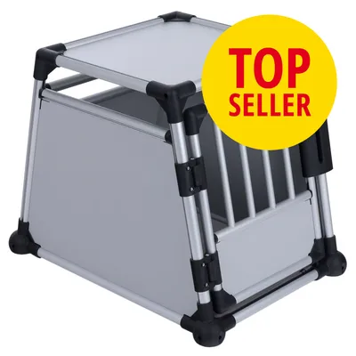 Hundebur i metal og grå plader med tremmer foran. Gul cirkel med rød tekst: TOP SELLER.