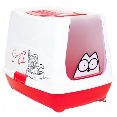 Toilette coperta per gatti Simon's Cat, bianca e rossa con disegno e scritta 'Simon's Cat' sul lato e sagoma del gatto stilizzato sulla portina frontale.
