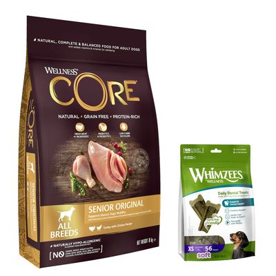 Wellness CORE Senior Original, getreidefreies Hundefutter mit Truthahn und Huhn für alle Rassen. Hypoallergen, frisches Fleisch als Hauptzutat, Präbiotika, keine künstlichen Zusätze.