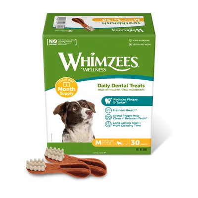 Whimzees Wellness Daily Dental Treats, boîte de 30 friandises pour chiens moyens (12–18 kg), approvisionnement 1 mois, sans viande, blé, maïs, produits laitiers ni colorants ajoutés.
