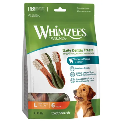 Whimzees Daily Dental Treats, 6 friandises brosse à dents pour chiens 18–27 kg, sachet 360 g. Texte visible : réduit la plaque et le tartre, sans gluten, hypoallergénique.