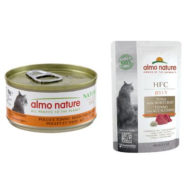 Boîte de 70 g Almo Nature HFC, thon de l’Atlantique, avec texte 'ALL PROFITS TO THE PLANET' et image d’un chat sur l’étiquette.