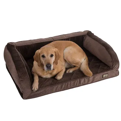 Cane di taglia grande sdraiato su un letto imbottito marrone per cani con bordi rialzati e rivestimento in tessuto, etichetta visibile sul lato anteriore.
