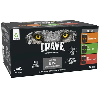Crave grain free recipe adult dog food, 6 x 400g cans: 2 chicken and turkey, 2 lamb and beef, 2 salmon and turkey. Made with 100% natural animal protein.
